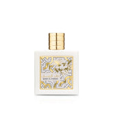 Lattafa Qaed al Fursan Unlimited perfume white bottle with gold geometric design and gold cap